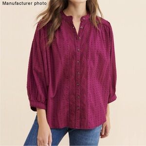 Anthropologie Berry Button-Front Textured Blouse